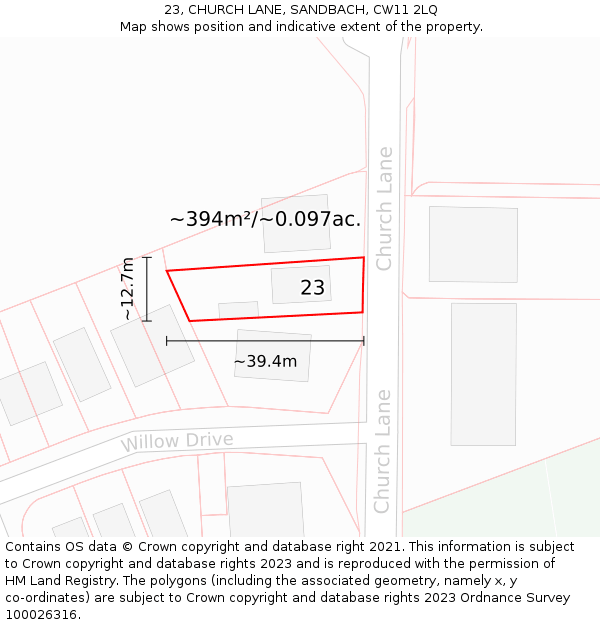 23, CHURCH LANE, SANDBACH, CW11 2LQ: Plot and title map