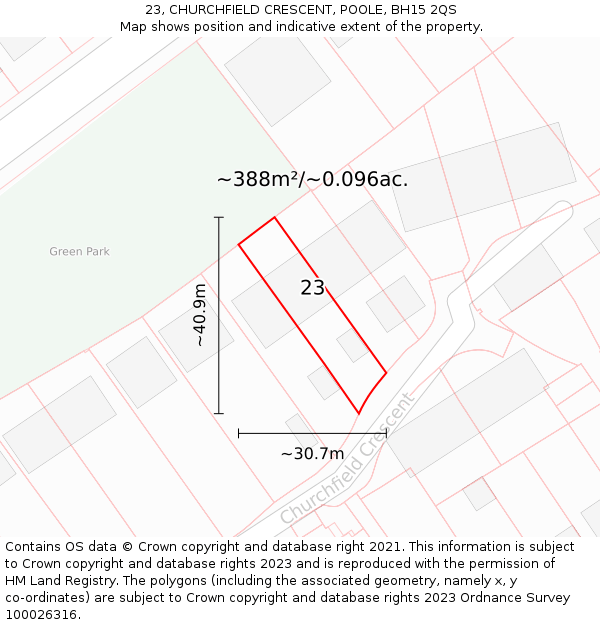 23, CHURCHFIELD CRESCENT, POOLE, BH15 2QS: Plot and title map