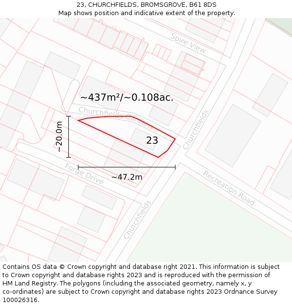 23, CHURCHFIELDS, BROMSGROVE, B61 8DS: Plot and title map