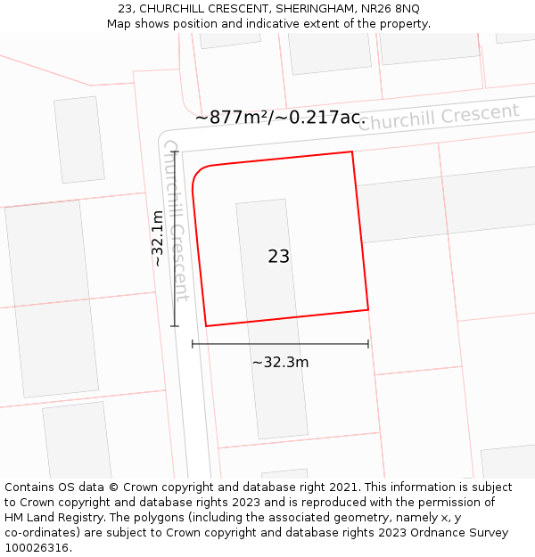 23, CHURCHILL CRESCENT, SHERINGHAM, NR26 8NQ: Plot and title map