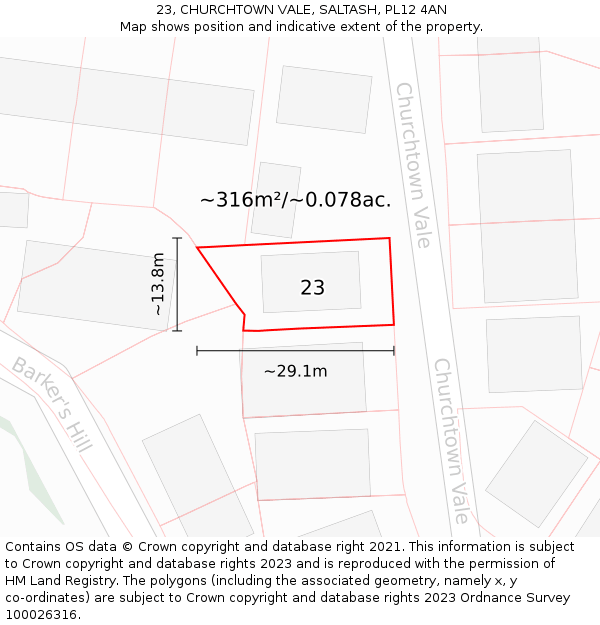 23, CHURCHTOWN VALE, SALTASH, PL12 4AN: Plot and title map