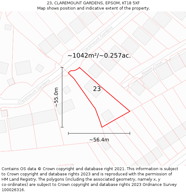 23, CLAREMOUNT GARDENS, EPSOM, KT18 5XF: Plot and title map