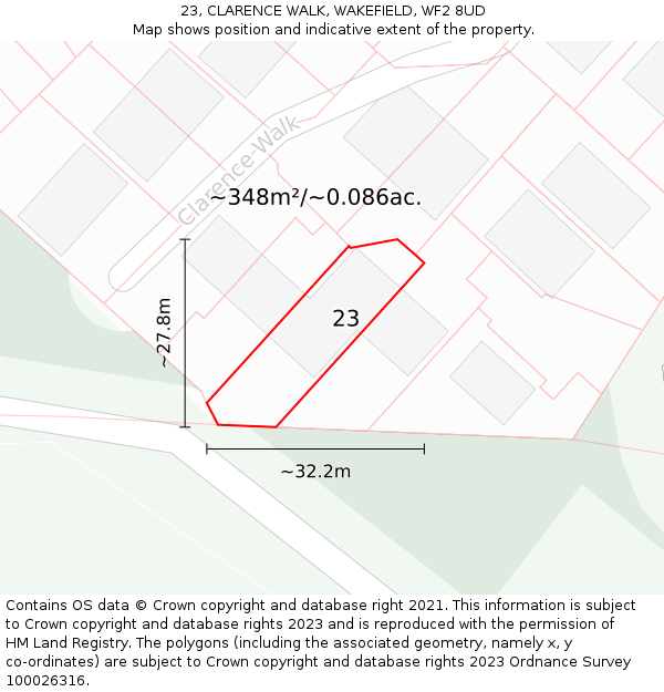 23, CLARENCE WALK, WAKEFIELD, WF2 8UD: Plot and title map