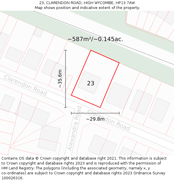 23, CLARENDON ROAD, HIGH WYCOMBE, HP13 7AW: Plot and title map