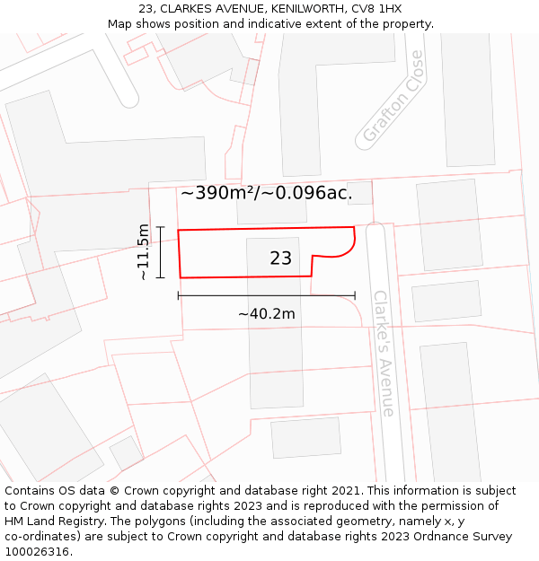 23, CLARKES AVENUE, KENILWORTH, CV8 1HX: Plot and title map