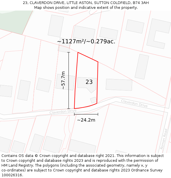 23, CLAVERDON DRIVE, LITTLE ASTON, SUTTON COLDFIELD, B74 3AH: Plot and title map