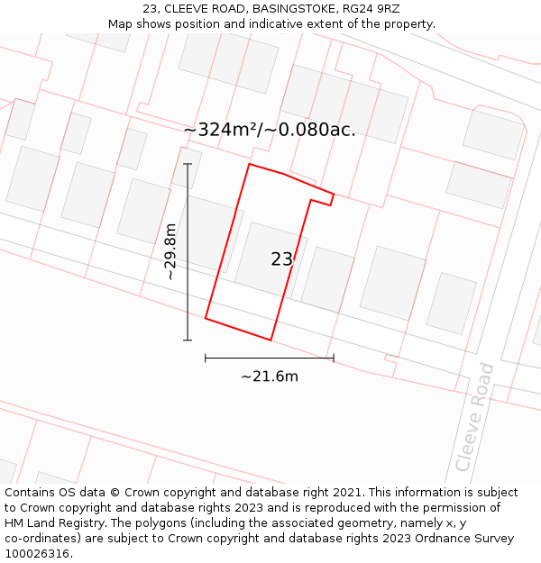 23, CLEEVE ROAD, BASINGSTOKE, RG24 9RZ: Plot and title map