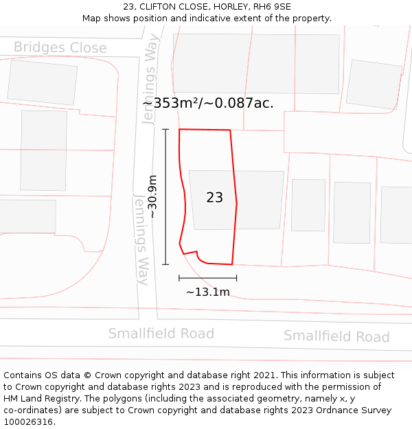 23, CLIFTON CLOSE, HORLEY, RH6 9SE: Plot and title map