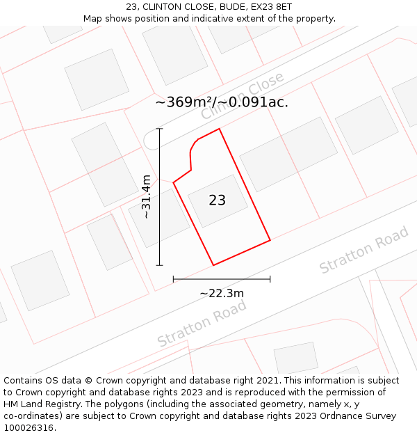 23, CLINTON CLOSE, BUDE, EX23 8ET: Plot and title map