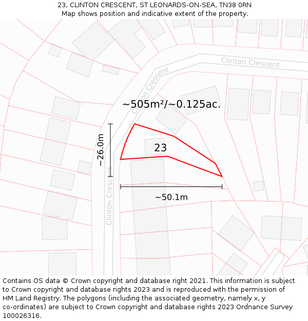 23, CLINTON CRESCENT, ST LEONARDS-ON-SEA, TN38 0RN: Plot and title map