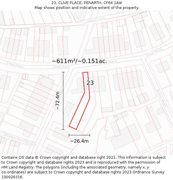 23, CLIVE PLACE, PENARTH, CF64 1AW: Plot and title map