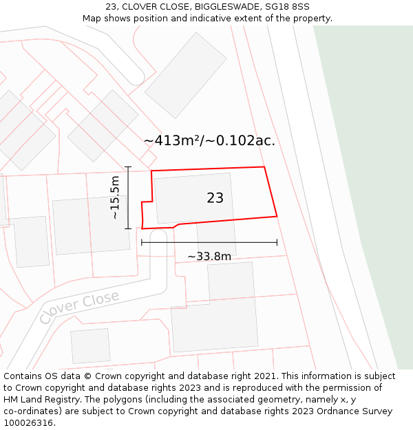 23, CLOVER CLOSE, BIGGLESWADE, SG18 8SS: Plot and title map