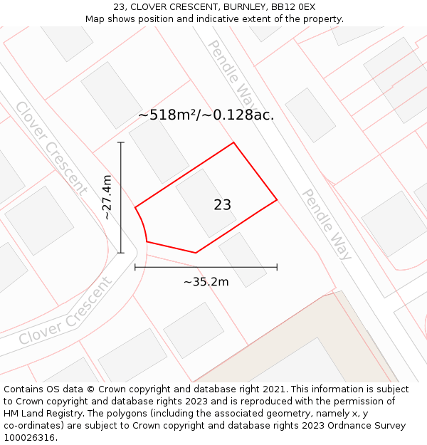 23, CLOVER CRESCENT, BURNLEY, BB12 0EX: Plot and title map