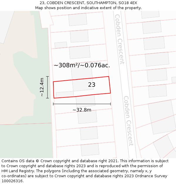 23, COBDEN CRESCENT, SOUTHAMPTON, SO18 4EX: Plot and title map