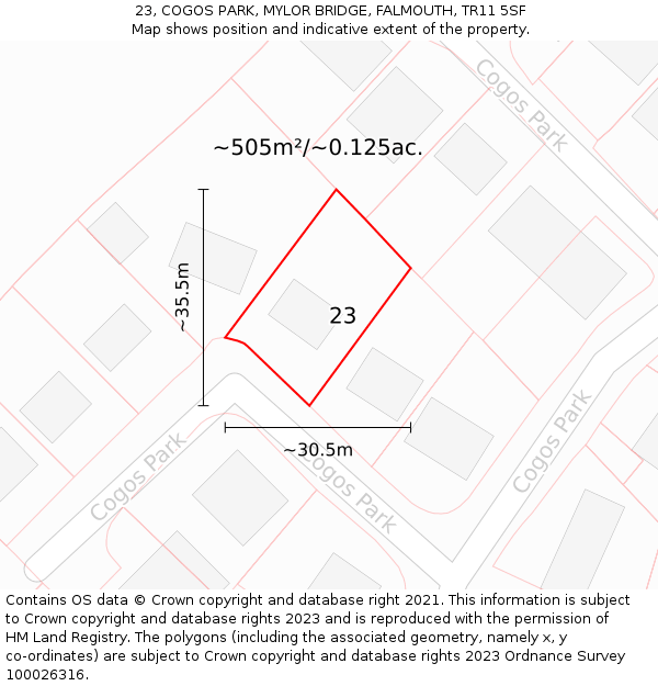 23, COGOS PARK, MYLOR BRIDGE, FALMOUTH, TR11 5SF: Plot and title map