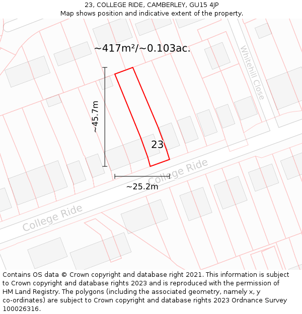 23, COLLEGE RIDE, CAMBERLEY, GU15 4JP: Plot and title map