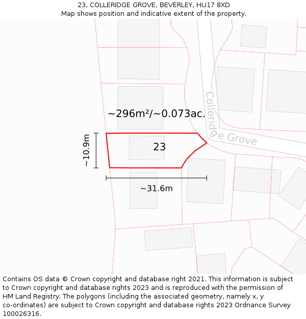 23, COLLERIDGE GROVE, BEVERLEY, HU17 8XD: Plot and title map