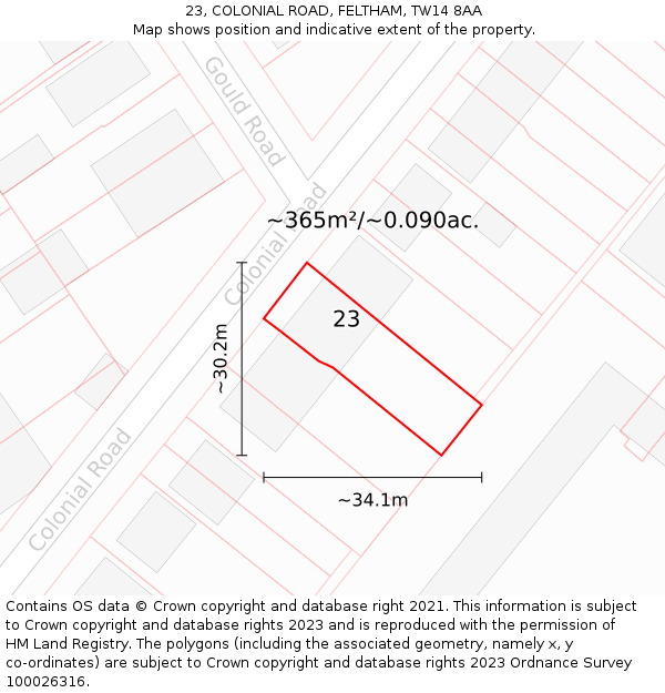 23, COLONIAL ROAD, FELTHAM, TW14 8AA: Plot and title map