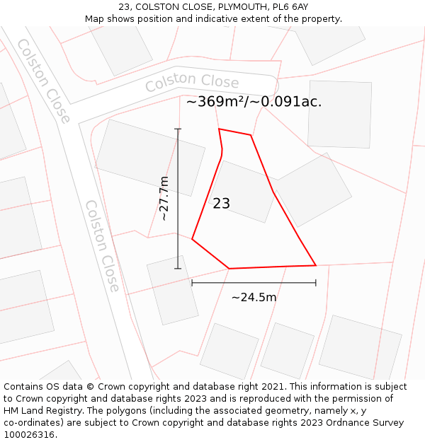 23, COLSTON CLOSE, PLYMOUTH, PL6 6AY: Plot and title map