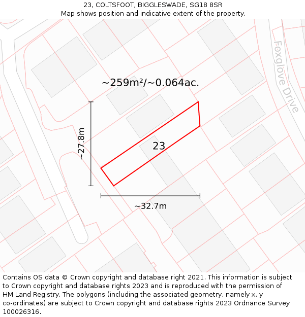 23, COLTSFOOT, BIGGLESWADE, SG18 8SR: Plot and title map