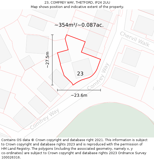 23, COMFREY WAY, THETFORD, IP24 2UU: Plot and title map