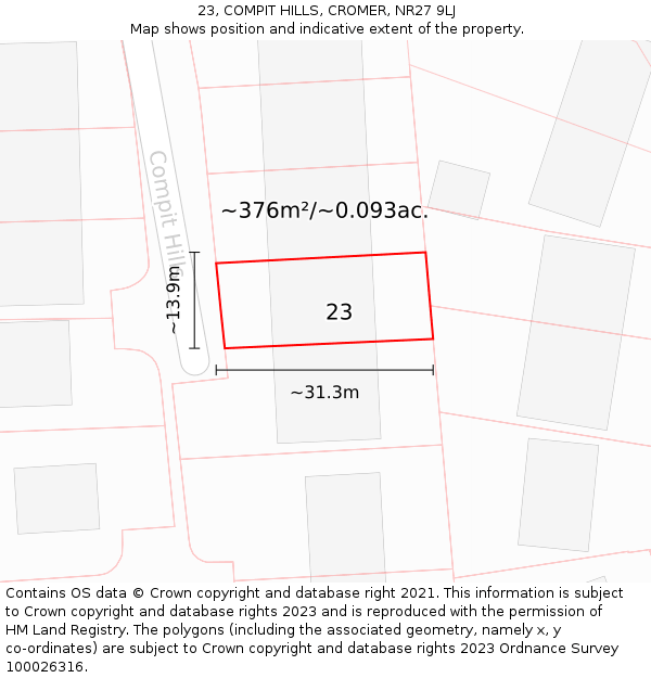 23, COMPIT HILLS, CROMER, NR27 9LJ: Plot and title map