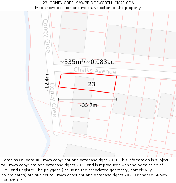 23, CONEY GREE, SAWBRIDGEWORTH, CM21 0DA: Plot and title map