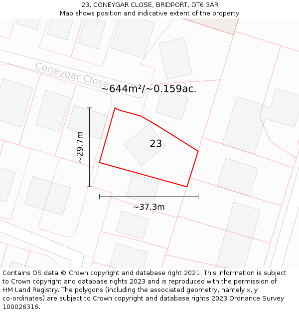 23, CONEYGAR CLOSE, BRIDPORT, DT6 3AR: Plot and title map
