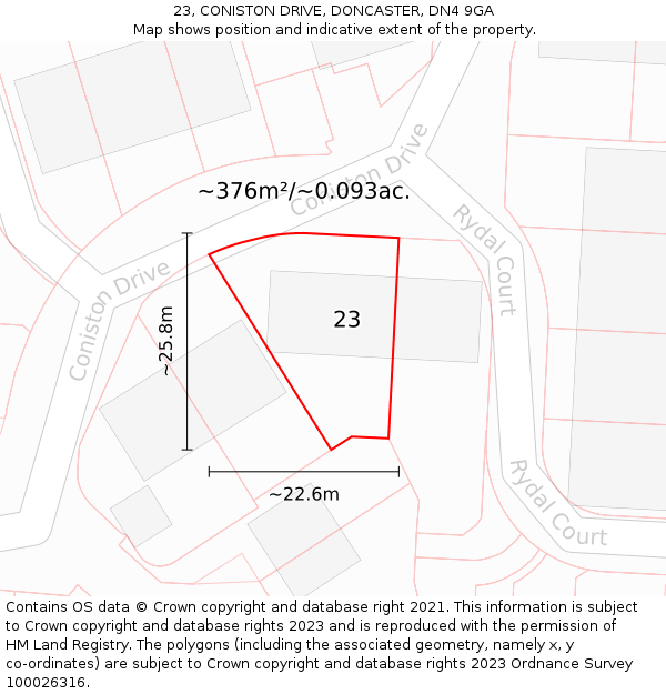 23, CONISTON DRIVE, DONCASTER, DN4 9GA: Plot and title map