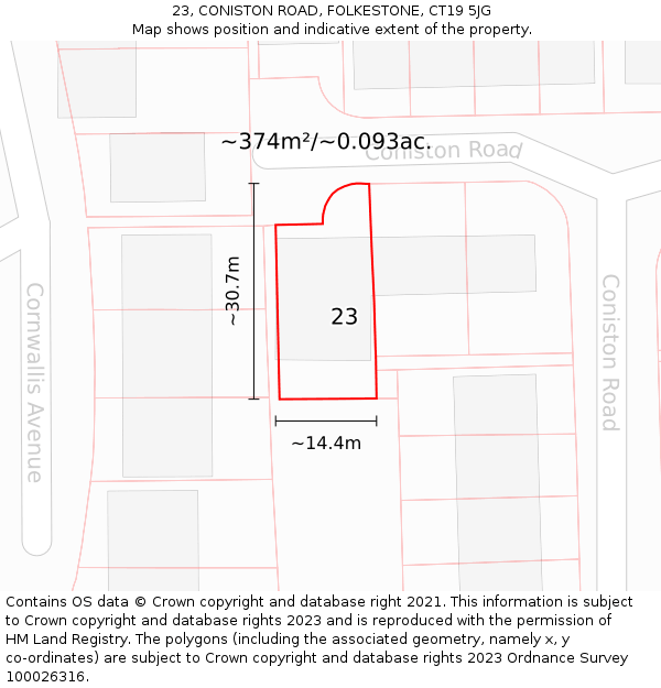 23, CONISTON ROAD, FOLKESTONE, CT19 5JG: Plot and title map