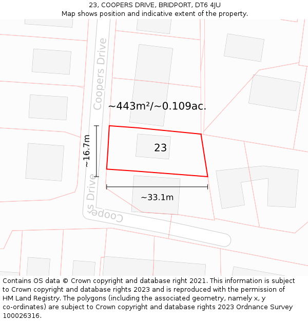 23, COOPERS DRIVE, BRIDPORT, DT6 4JU: Plot and title map