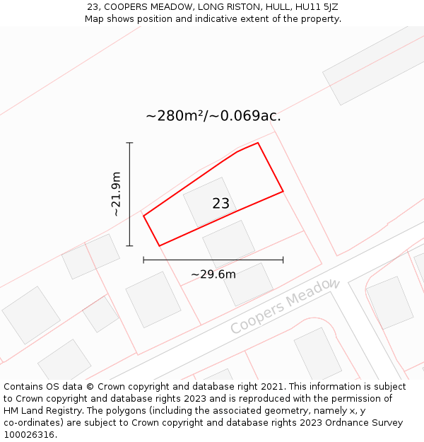 23, COOPERS MEADOW, LONG RISTON, HULL, HU11 5JZ: Plot and title map