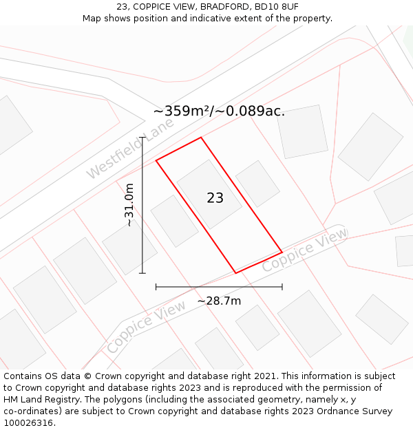 23, COPPICE VIEW, BRADFORD, BD10 8UF: Plot and title map