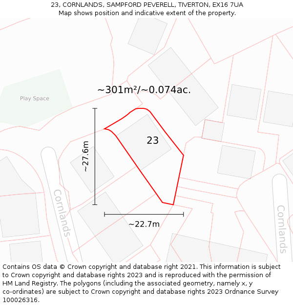 23, CORNLANDS, SAMPFORD PEVERELL, TIVERTON, EX16 7UA: Plot and title map