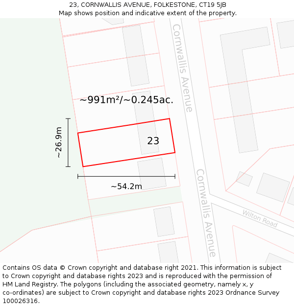 23, CORNWALLIS AVENUE, FOLKESTONE, CT19 5JB: Plot and title map