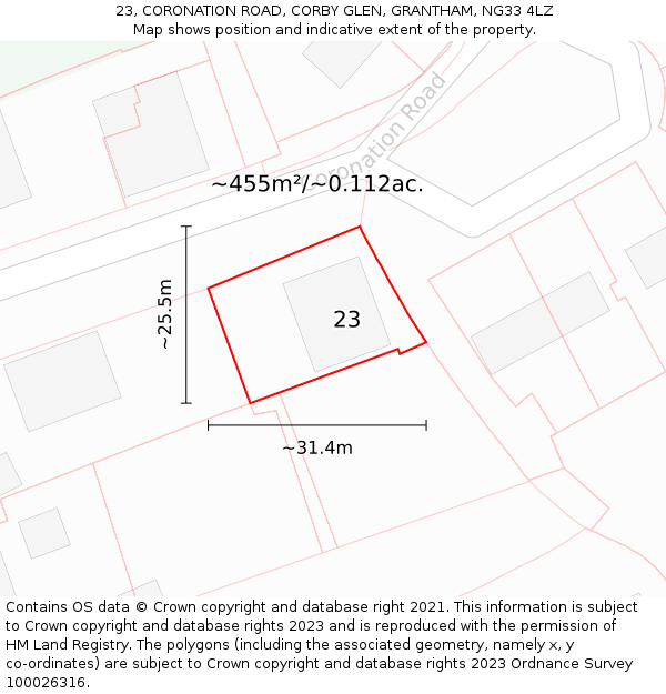 23, CORONATION ROAD, CORBY GLEN, GRANTHAM, NG33 4LZ: Plot and title map