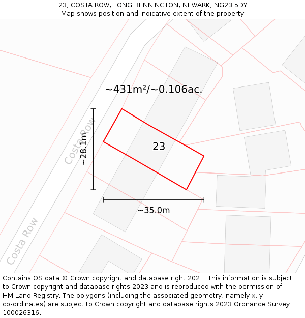 23, COSTA ROW, LONG BENNINGTON, NEWARK, NG23 5DY: Plot and title map