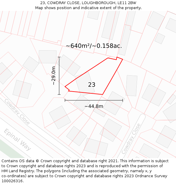 23, COWDRAY CLOSE, LOUGHBOROUGH, LE11 2BW: Plot and title map