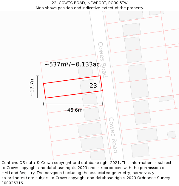 23, COWES ROAD, NEWPORT, PO30 5TW: Plot and title map