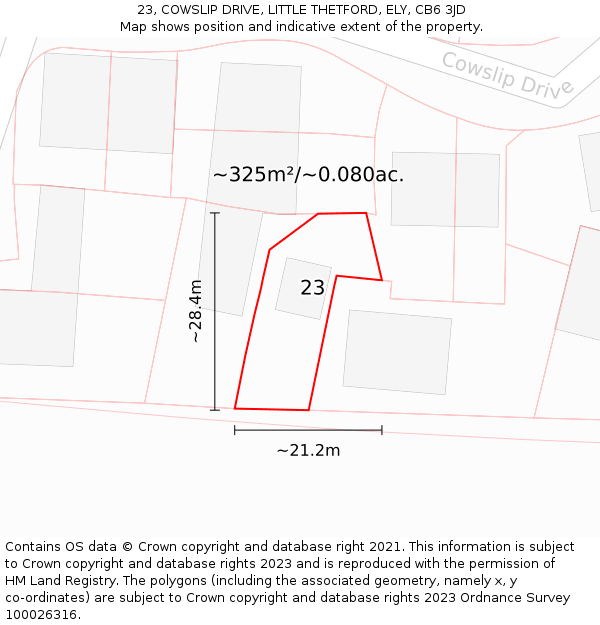 23, COWSLIP DRIVE, LITTLE THETFORD, ELY, CB6 3JD: Plot and title map