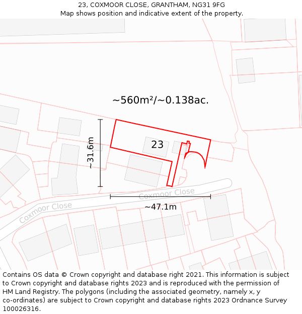 23, COXMOOR CLOSE, GRANTHAM, NG31 9FG: Plot and title map