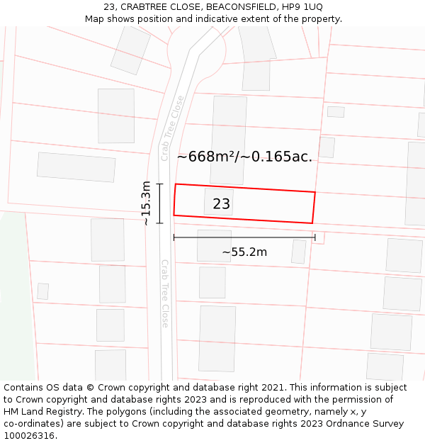 23, CRABTREE CLOSE, BEACONSFIELD, HP9 1UQ: Plot and title map