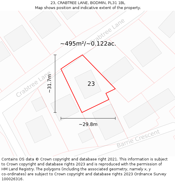 23, CRABTREE LANE, BODMIN, PL31 1BL: Plot and title map