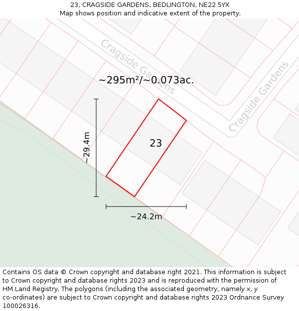 23, CRAGSIDE GARDENS, BEDLINGTON, NE22 5YX: Plot and title map