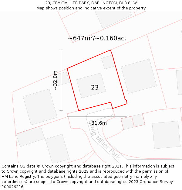 23, CRAIGMILLER PARK, DARLINGTON, DL3 8UW: Plot and title map