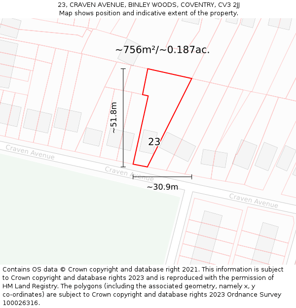 23, CRAVEN AVENUE, BINLEY WOODS, COVENTRY, CV3 2JJ: Plot and title map