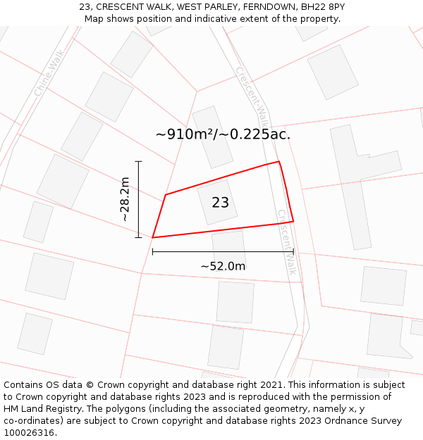 23, CRESCENT WALK, WEST PARLEY, FERNDOWN, BH22 8PY: Plot and title map