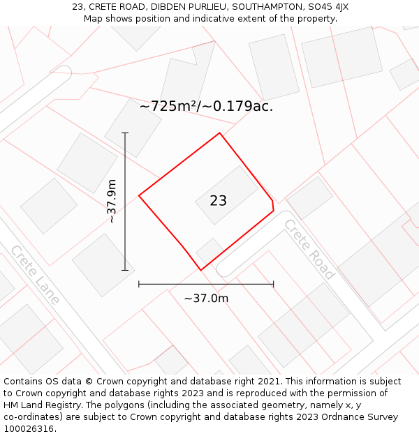 23, CRETE ROAD, DIBDEN PURLIEU, SOUTHAMPTON, SO45 4JX: Plot and title map