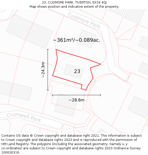 23, CUDMORE PARK, TIVERTON, EX16 4QJ: Plot and title map