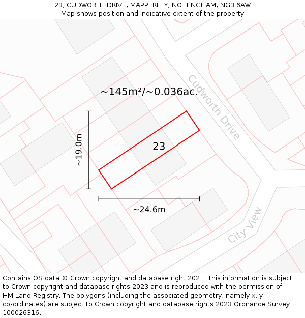 23, CUDWORTH DRIVE, MAPPERLEY, NOTTINGHAM, NG3 6AW: Plot and title map